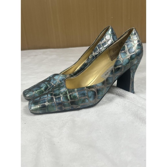 Bellini Shoes Womens Size 9 Blue Croc Embossed Block Heel Square Toe Pumps - Picture 3 of 8